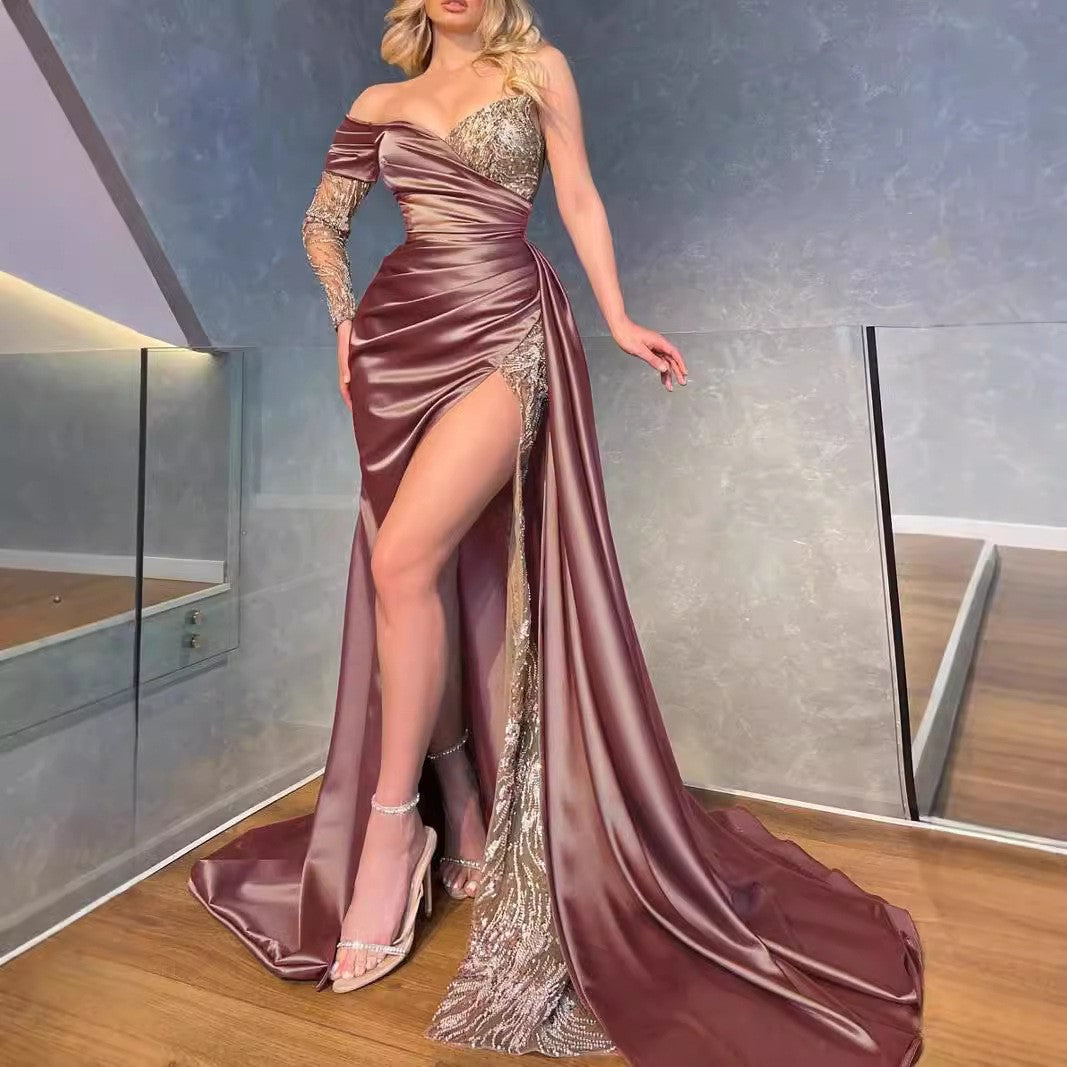 Ruched Satin Sequin Lace Thigh Slit Maxi Gown