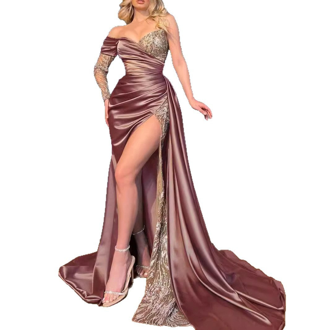Ruched Satin Sequin Lace Thigh Slit Maxi Gown