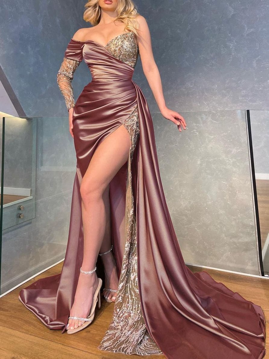 Ruched Satin Sequin Lace Thigh Slit Maxi Gown