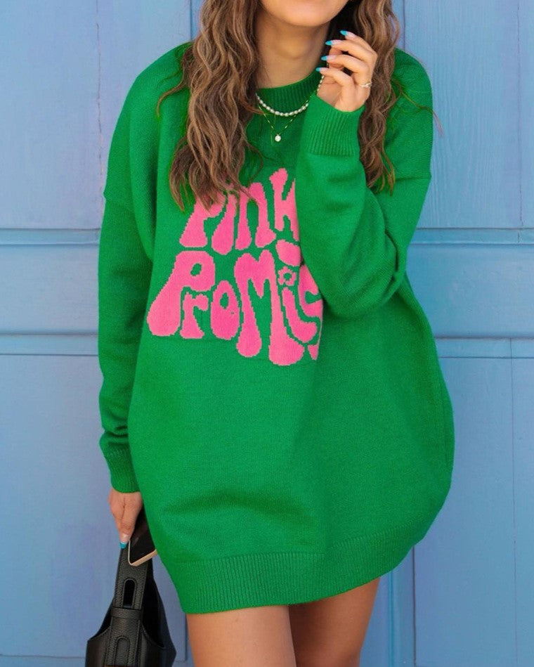 Retro Slogan Knit Tunic Sweater Oversized - Green - 1