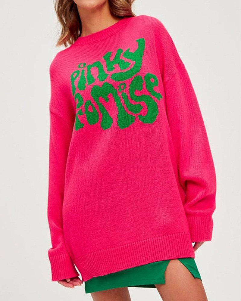 Retro Slogan Knit Tunic Sweater Oversized - RoseRed
