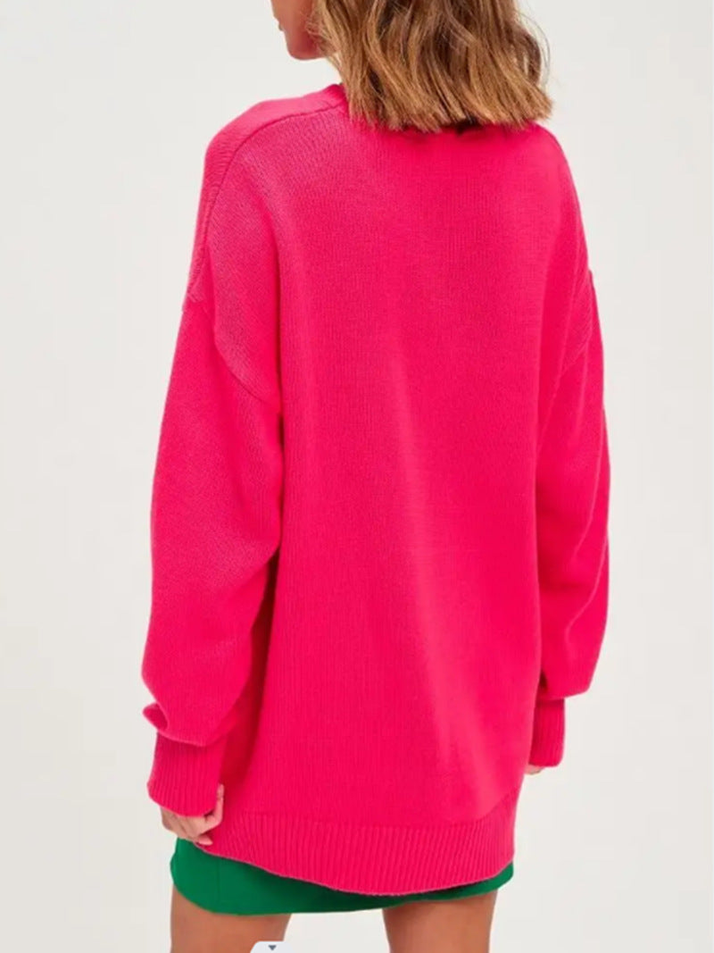 Retro Slogan Knit Tunic Sweater Oversized - RoseRed - 1