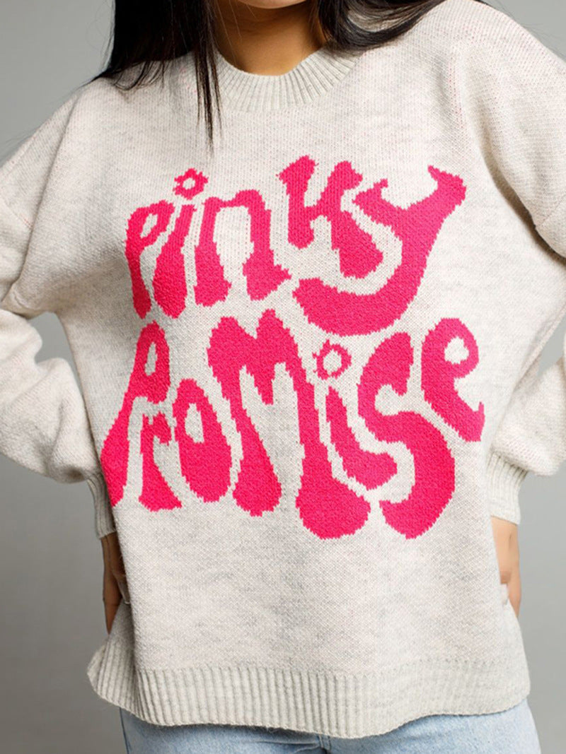Retro Slogan Knit Tunic Sweater Oversized - White