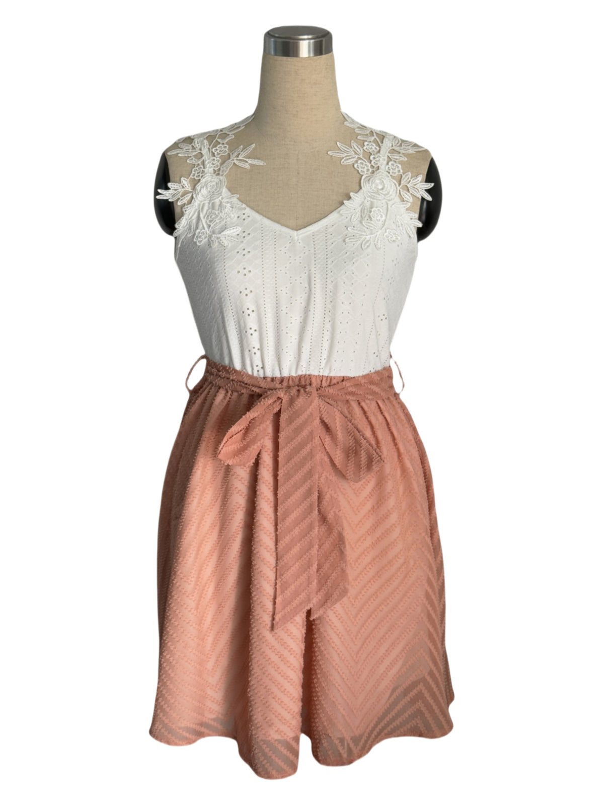 Lace Bodice Tie Waist Sleeveless Mini Dress - White
