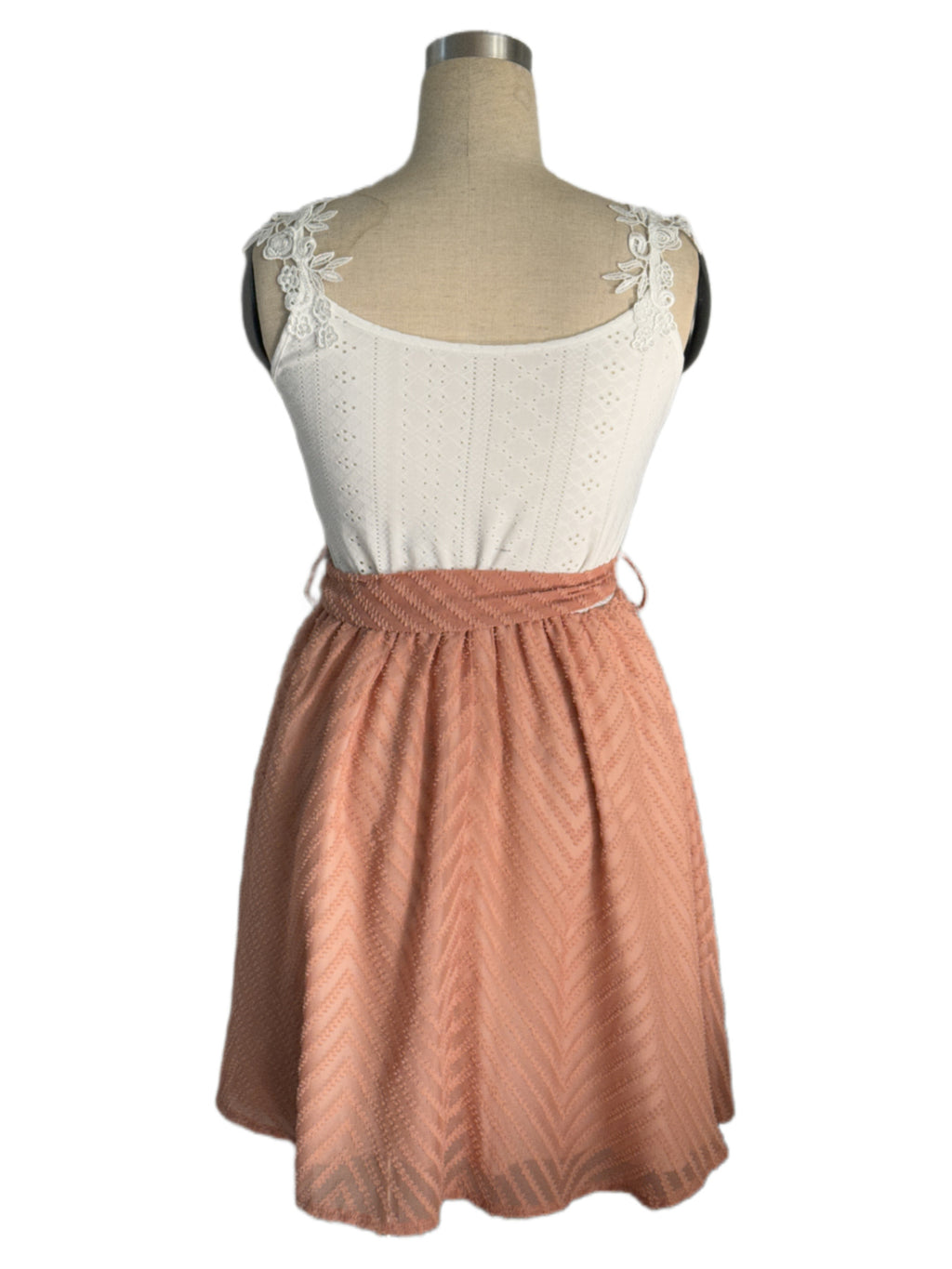 Lace Bodice Tie Waist Sleeveless Mini Dress - White - 2