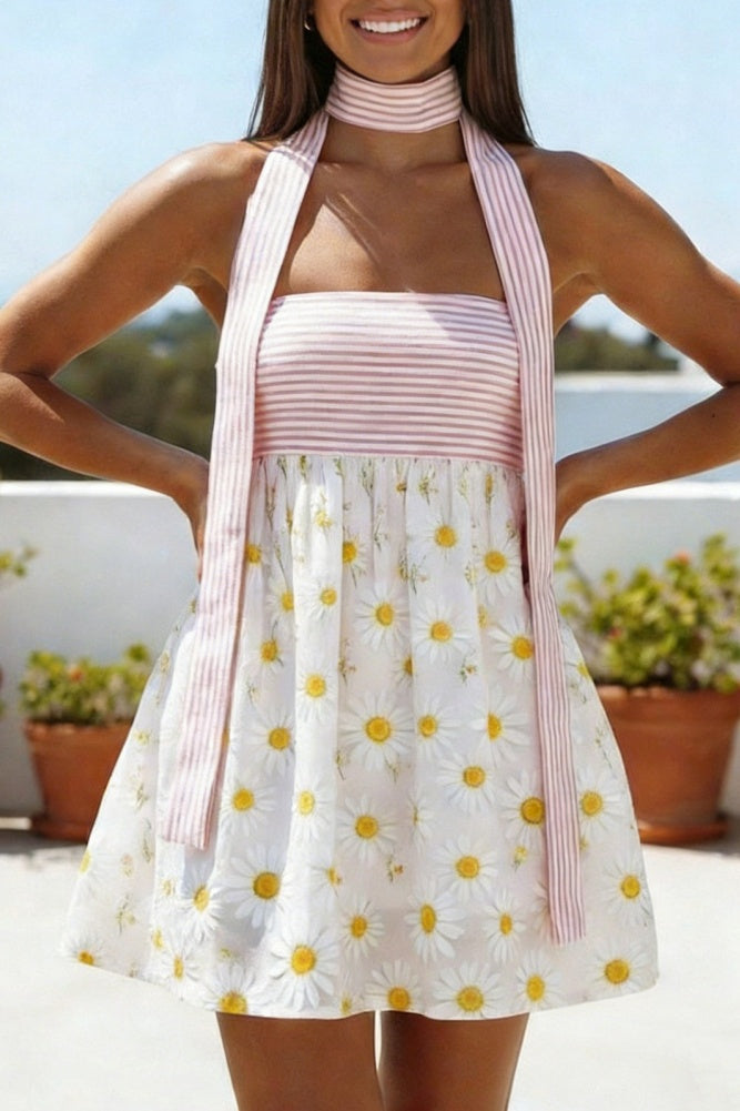 Smocked Babydoll Mini Dress With Sash - Daisy - 6