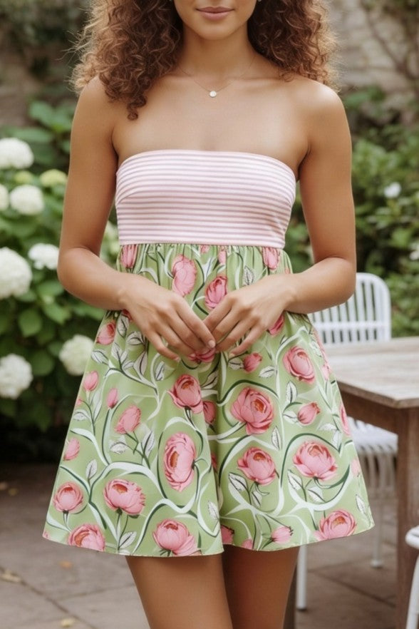 Smocked Babydoll Mini Dress With Sash - Rose