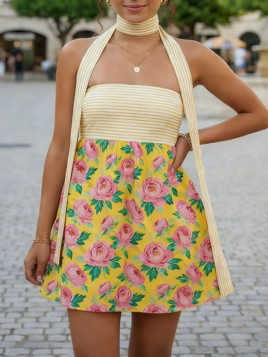 Smocked Babydoll Mini Dress With Sash - YellowPeony - 8