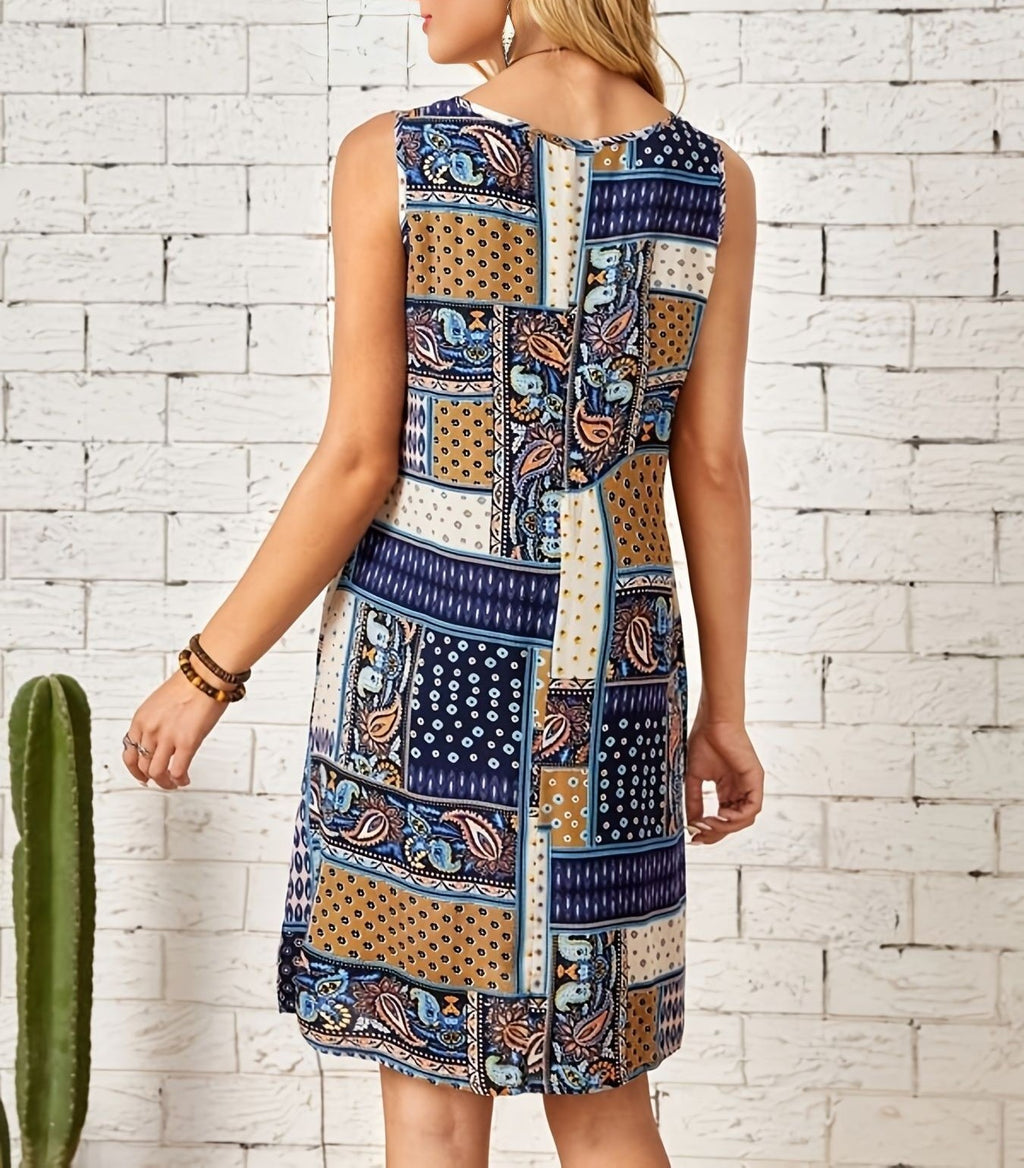 Patchwork Boho Print Sleeveless Shift Dress - view 1