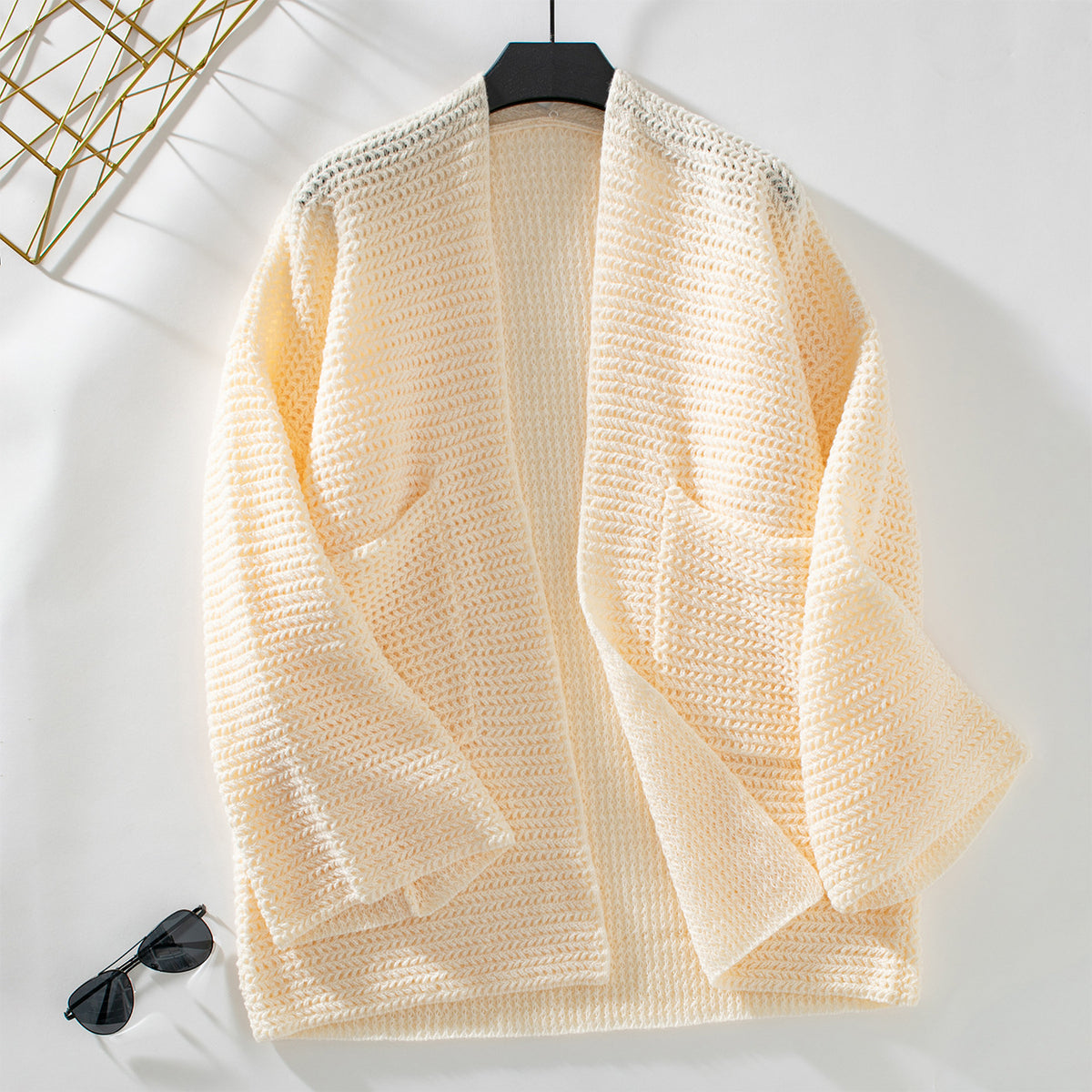 Oversized Waffle Knit Pocket Cardigan - Apricot
