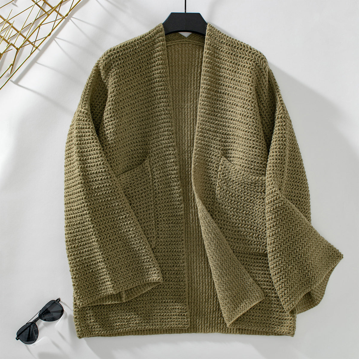 Oversized Waffle Knit Pocket Cardigan - Green