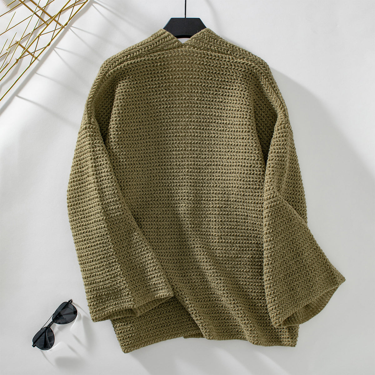 Oversized Waffle Knit Pocket Cardigan - Green - 1