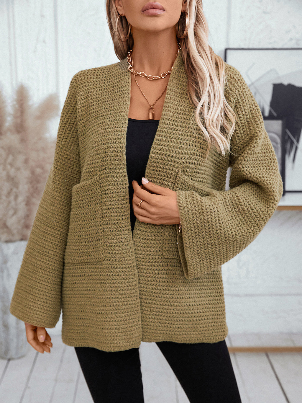 Oversized Waffle Knit Pocket Cardigan - Green - 2