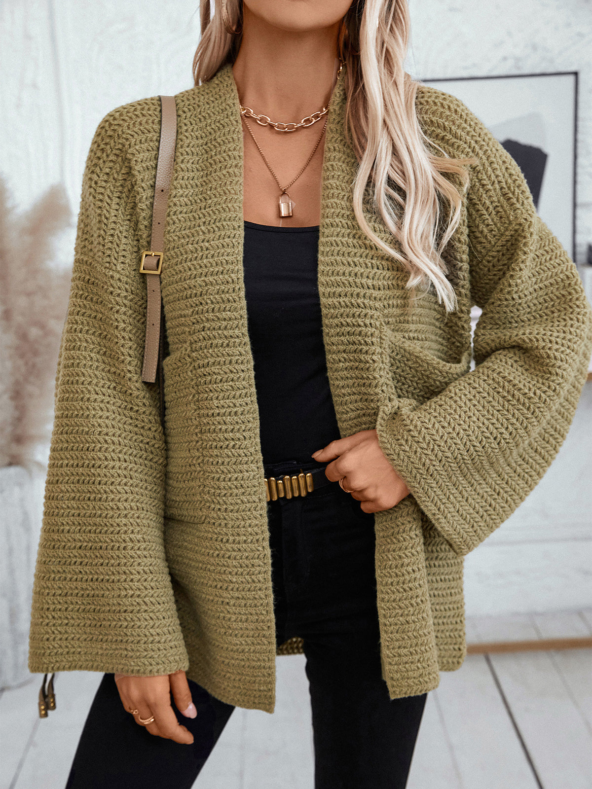Oversized Waffle Knit Pocket Cardigan - Green - 3