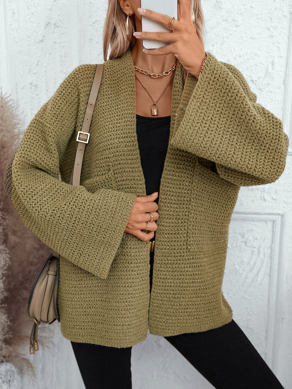 Oversized Waffle Knit Pocket Cardigan - Green - 4