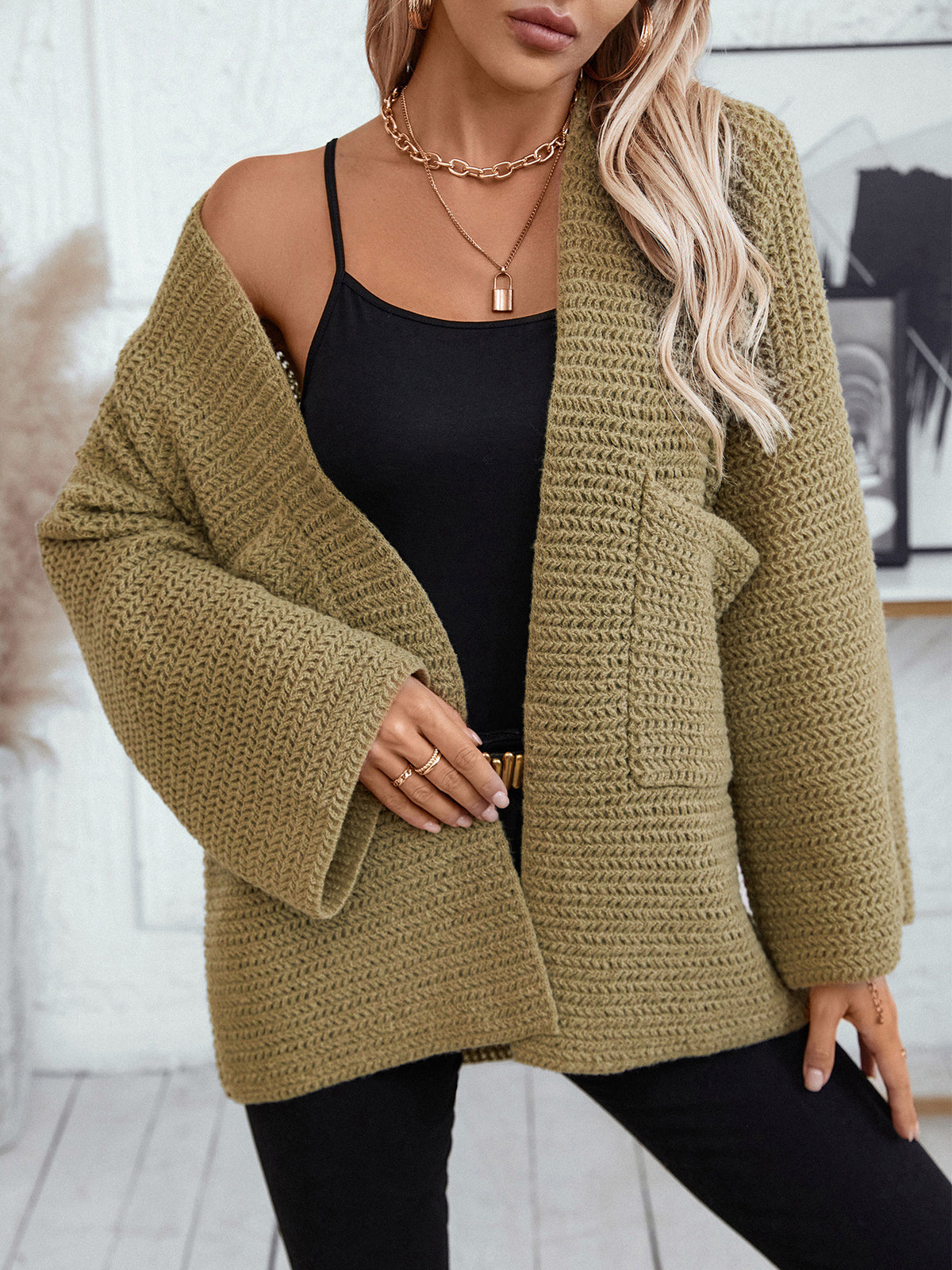 Oversized Waffle Knit Pocket Cardigan - Green - 5