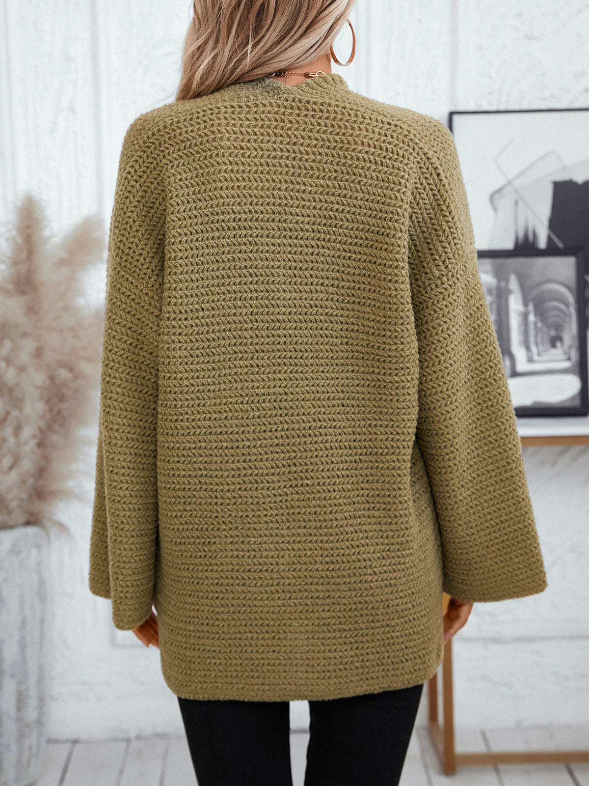 Oversized Waffle Knit Pocket Cardigan - Green - 6