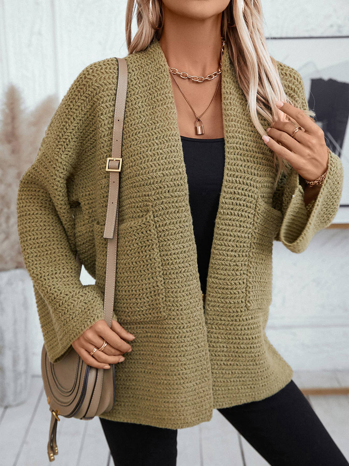 Oversized Waffle Knit Pocket Cardigan