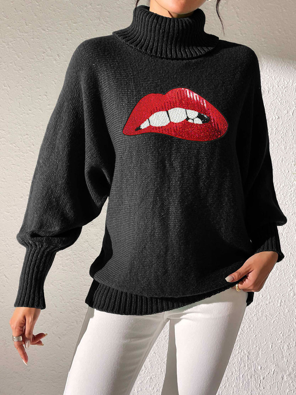 Glitter Lip Patch Roll Neck Sweater - Black