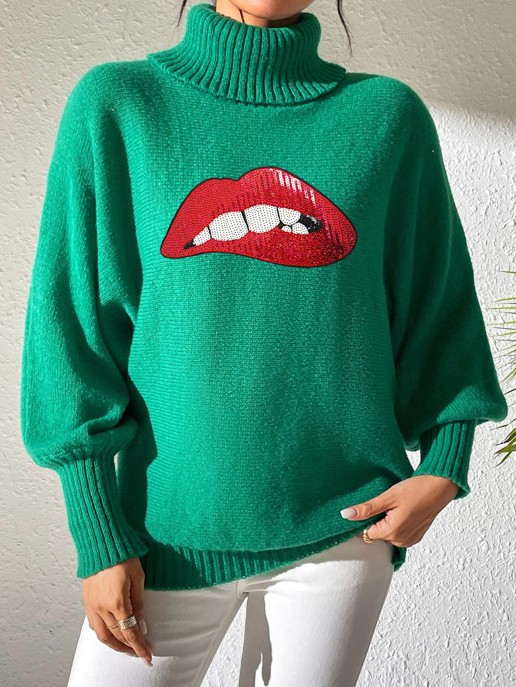 Glitter Lip Patch Roll Neck Sweater - Green