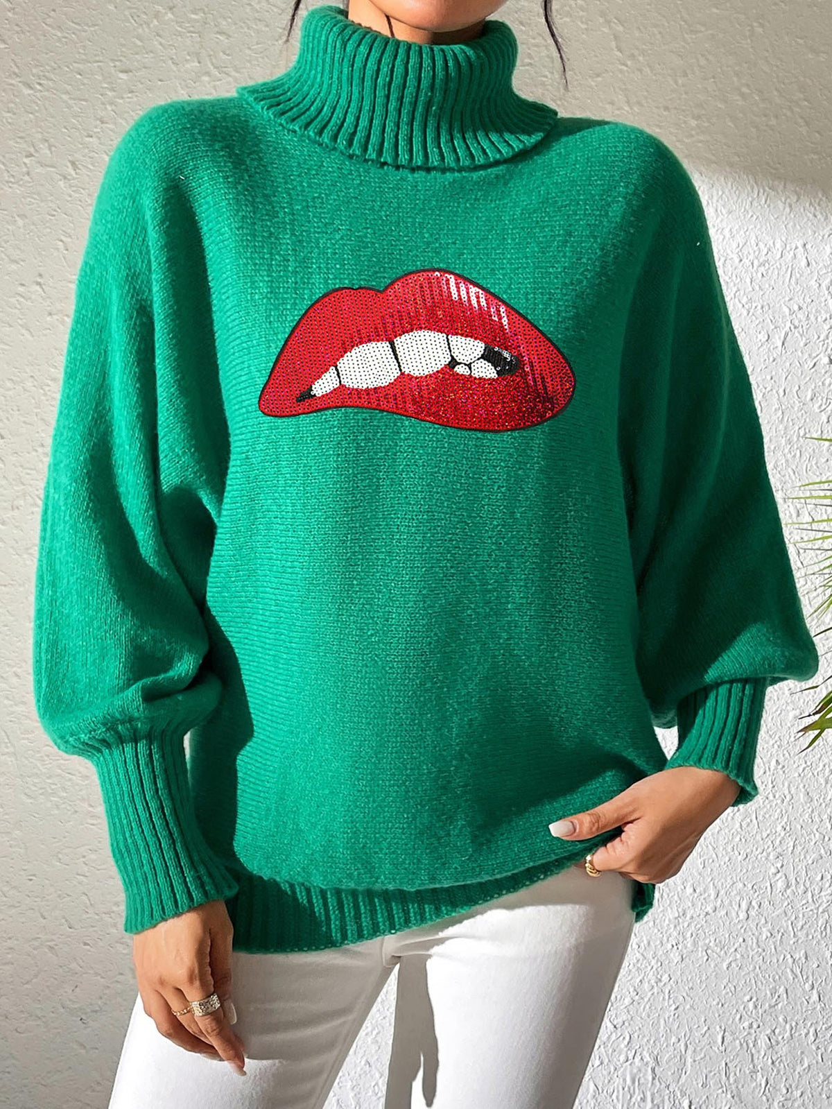 Glitter Lip Patch Roll Neck Sweater - Green