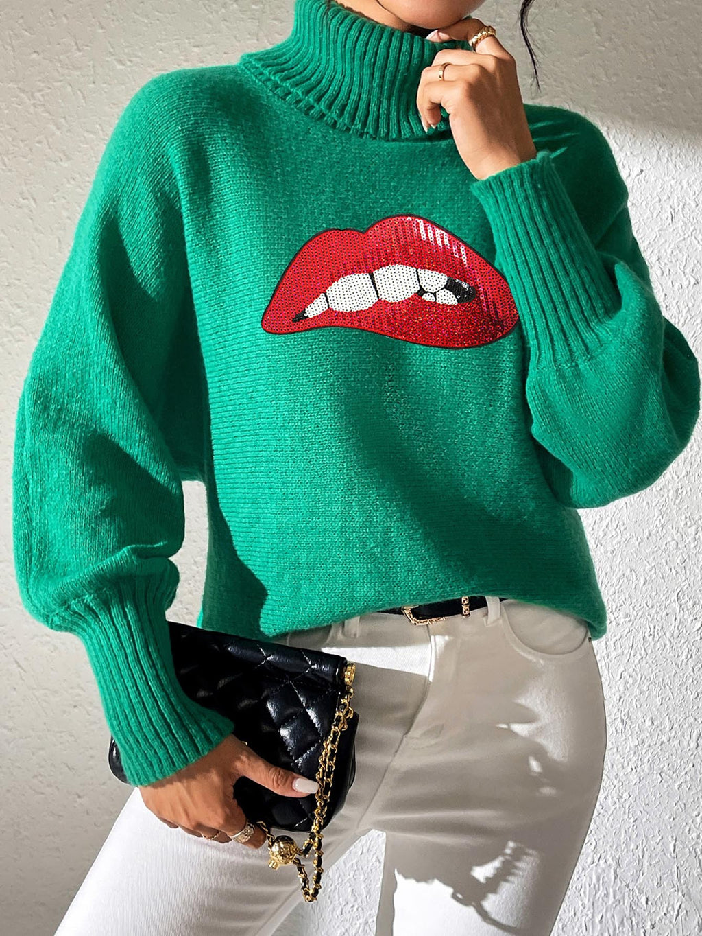 Glitter Lip Patch Roll Neck Sweater - Green - 1