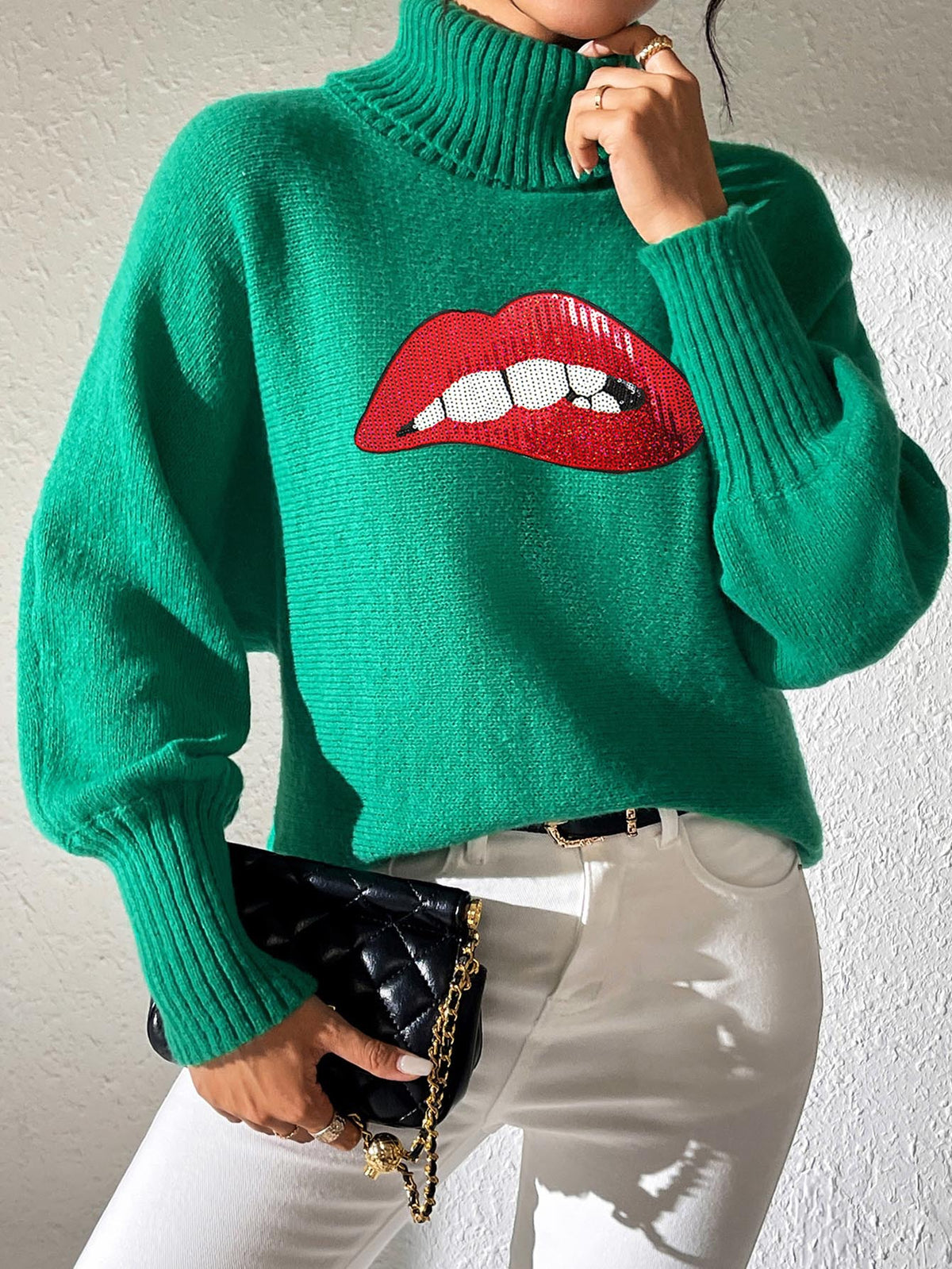 Glitter Lip Patch Roll Neck Sweater - Green - 1