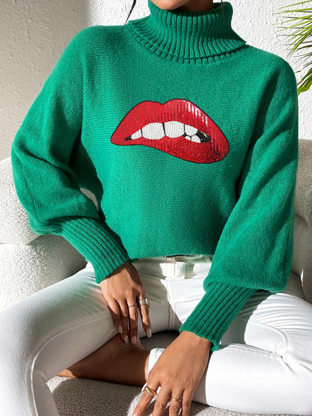 Glitter Lip Patch Roll Neck Sweater - Green - 2