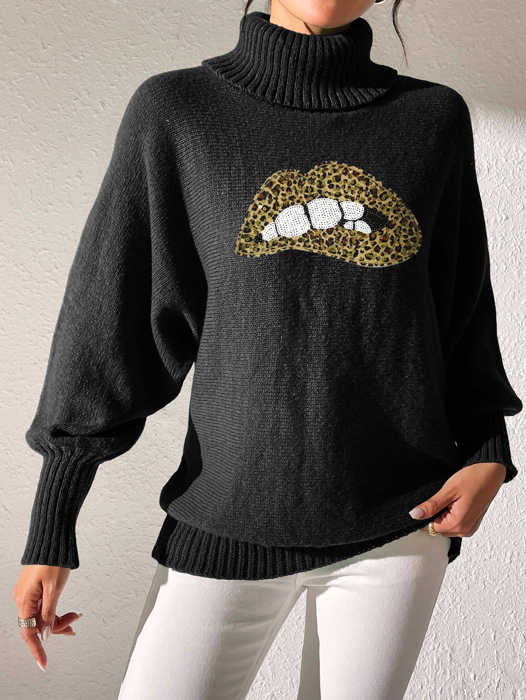Glitter Lip Patch Roll Neck Sweater - Leopard-B