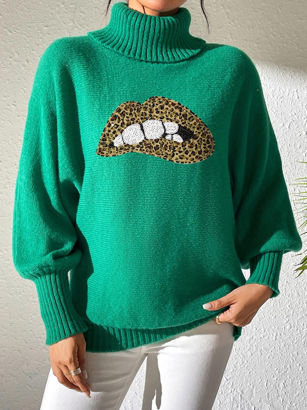 Glitter Lip Patch Roll Neck Sweater - Leopard-G