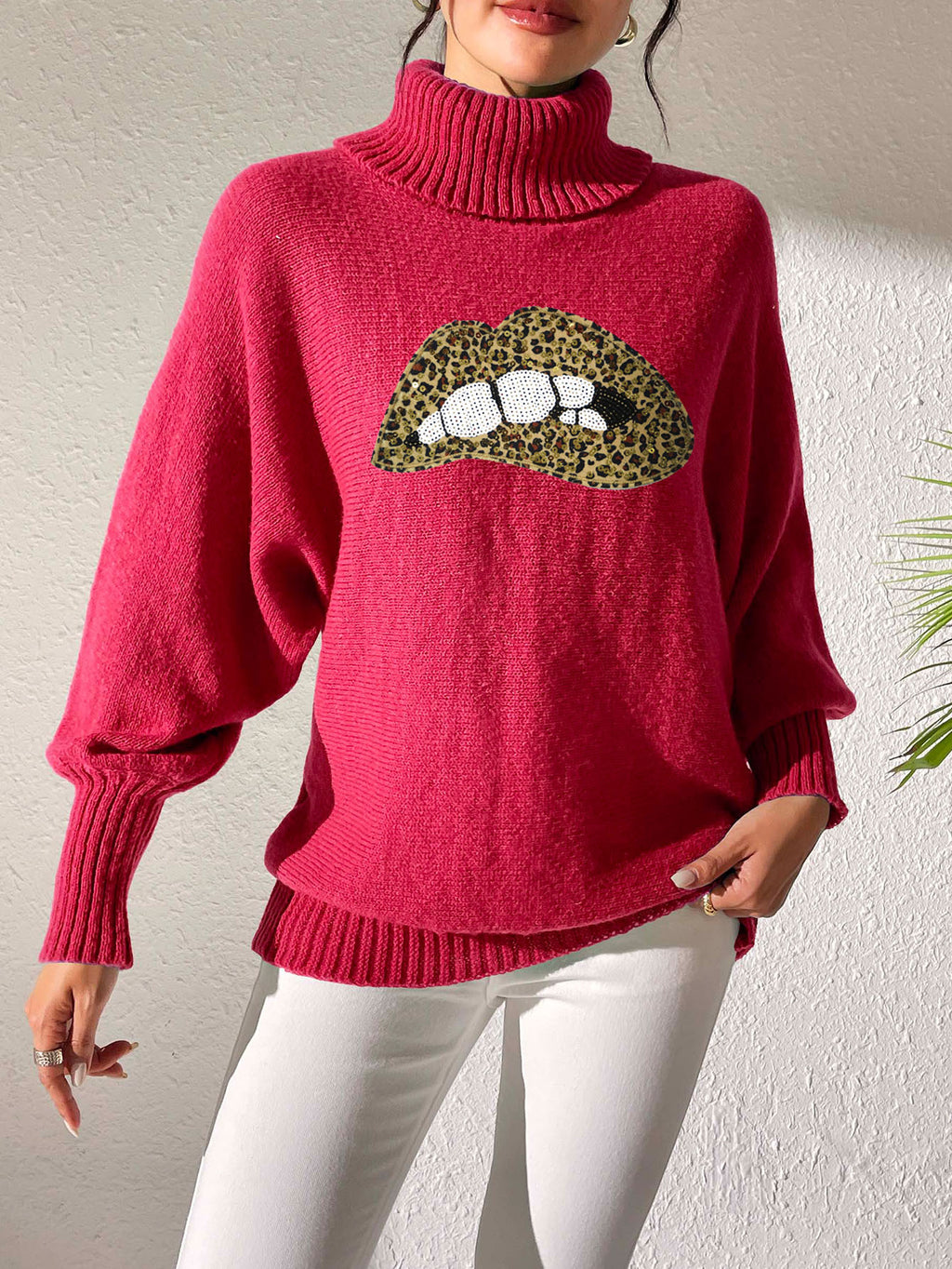 Glitter Lip Patch Roll Neck Sweater - Leopard-R