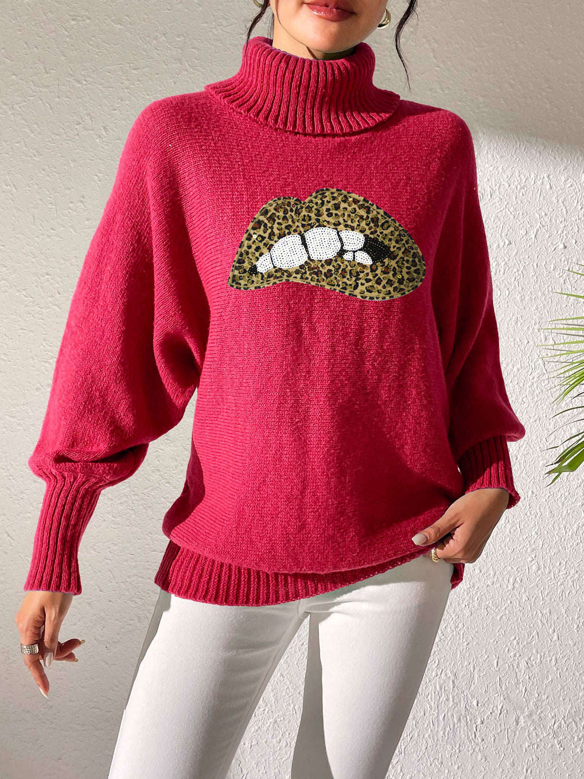 Glitter Lip Patch Roll Neck Sweater - Leopard-R