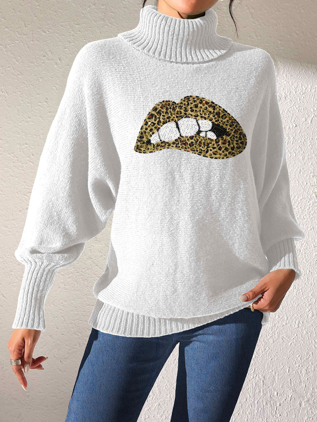 Glitter Lip Patch Roll Neck Sweater - Leopard-W