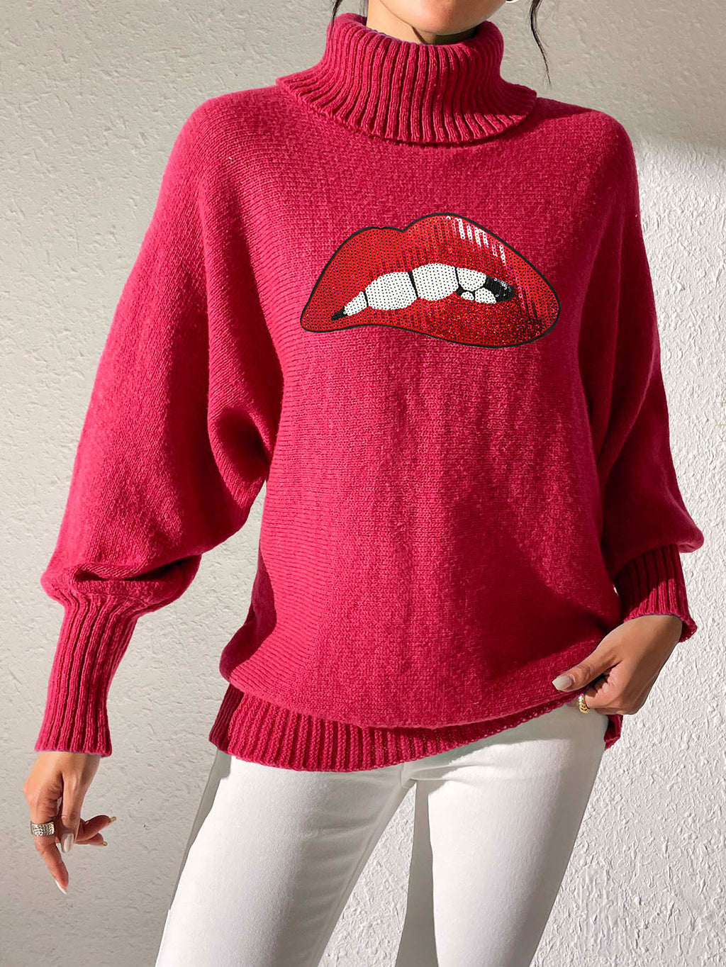 Glitter Lip Patch Roll Neck Sweater - Red