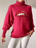Glitter Lip Patch Roll Neck Sweater - Red
