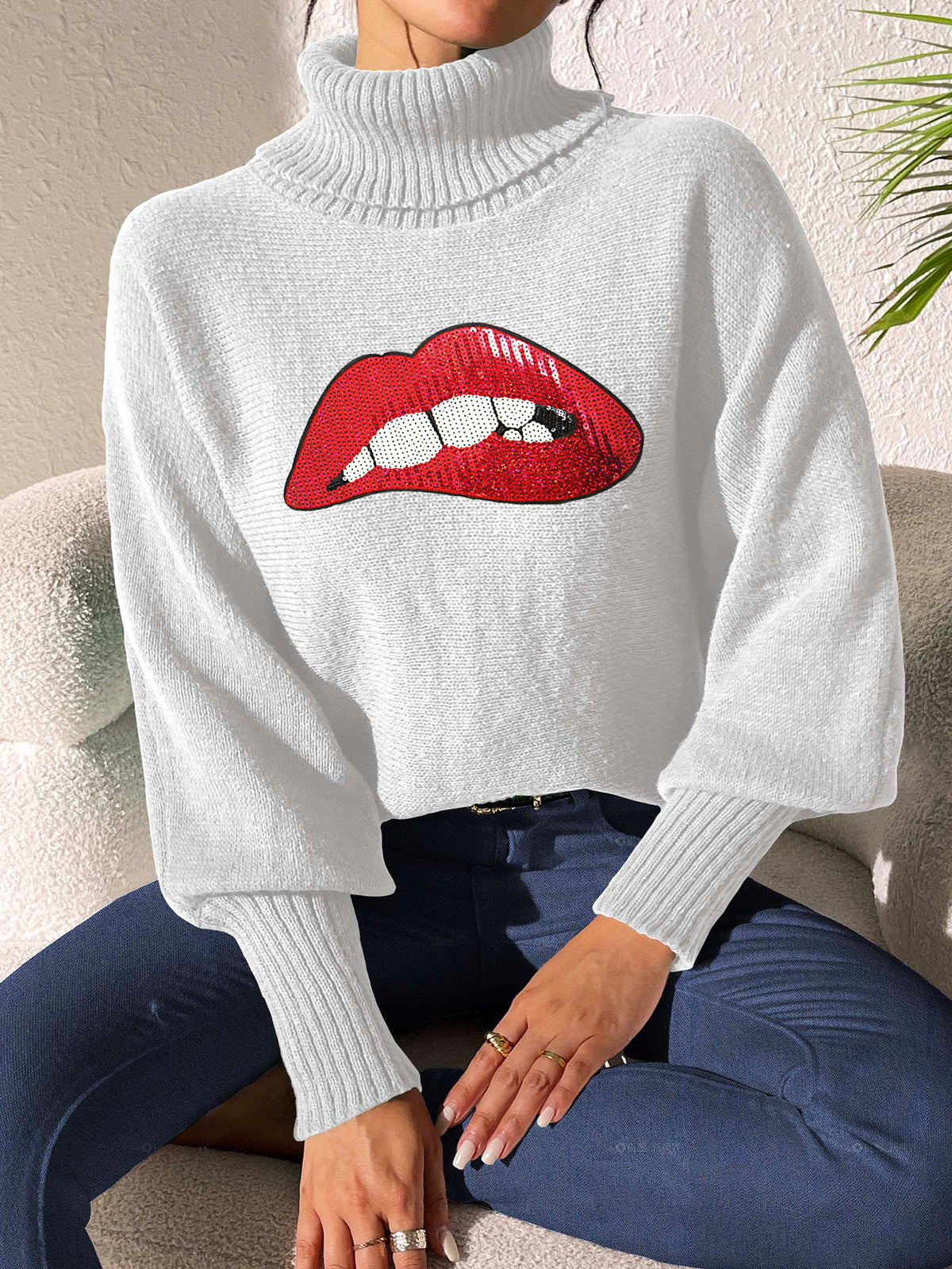 Glitter Lip Patch Roll Neck Sweater - White