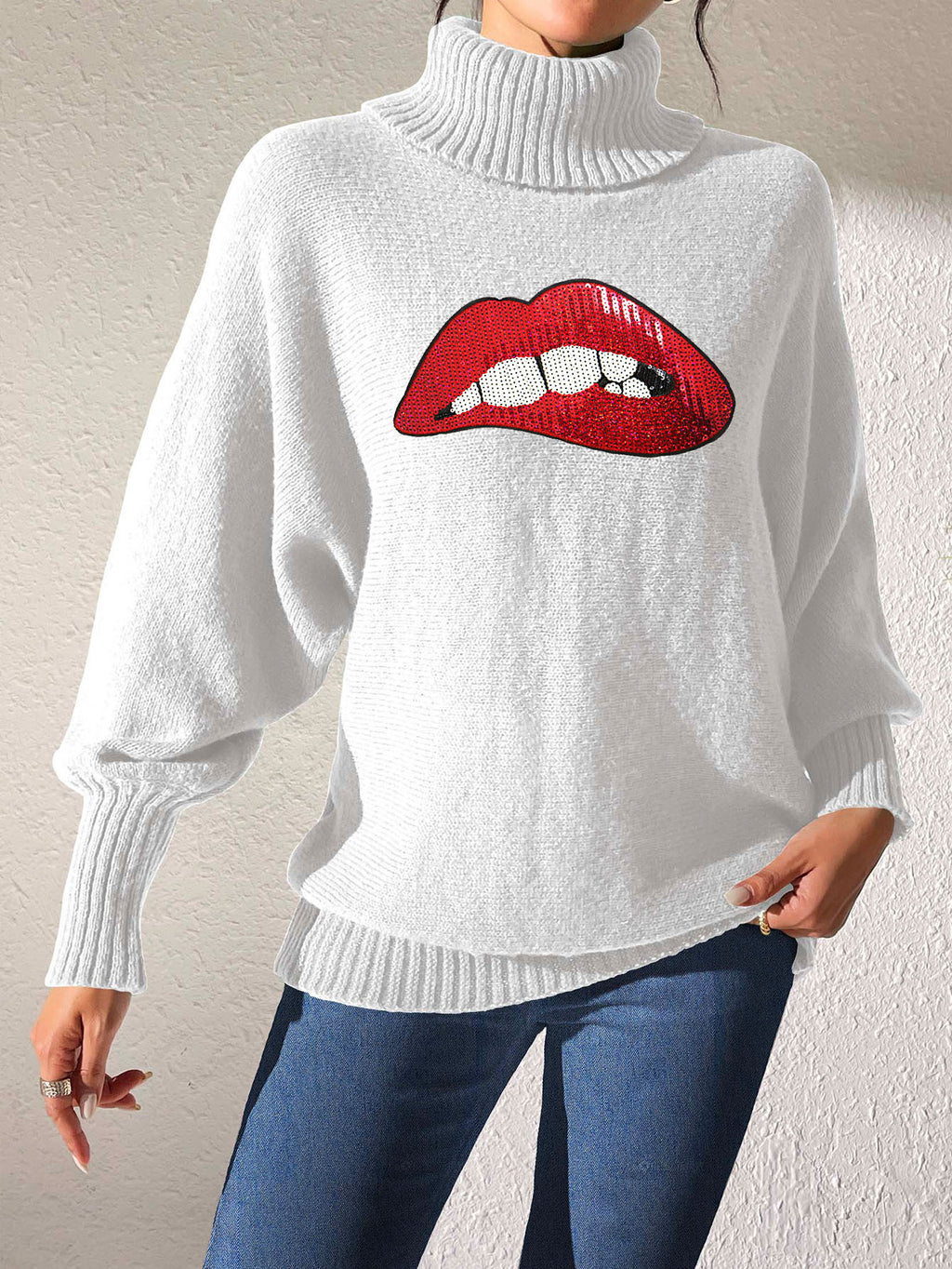 Glitter Lip Patch Roll Neck Sweater - White - 1