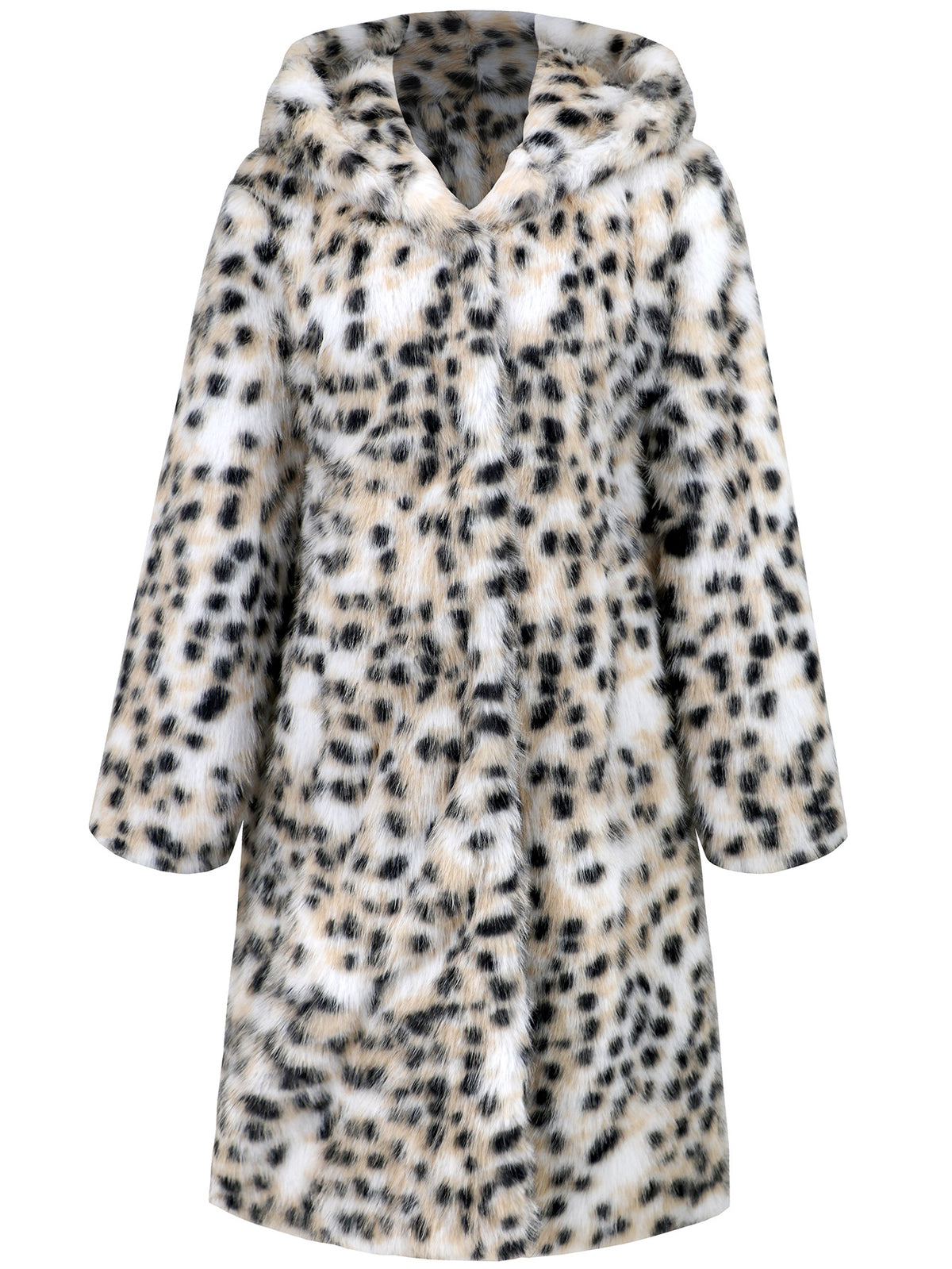 Spotted Faux Fur Hooded Longline Coat - White