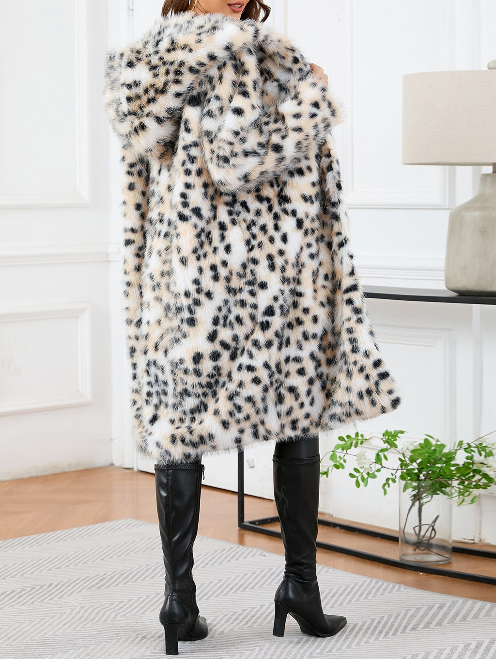 Spotted Faux Fur Hooded Longline Coat - White - 5