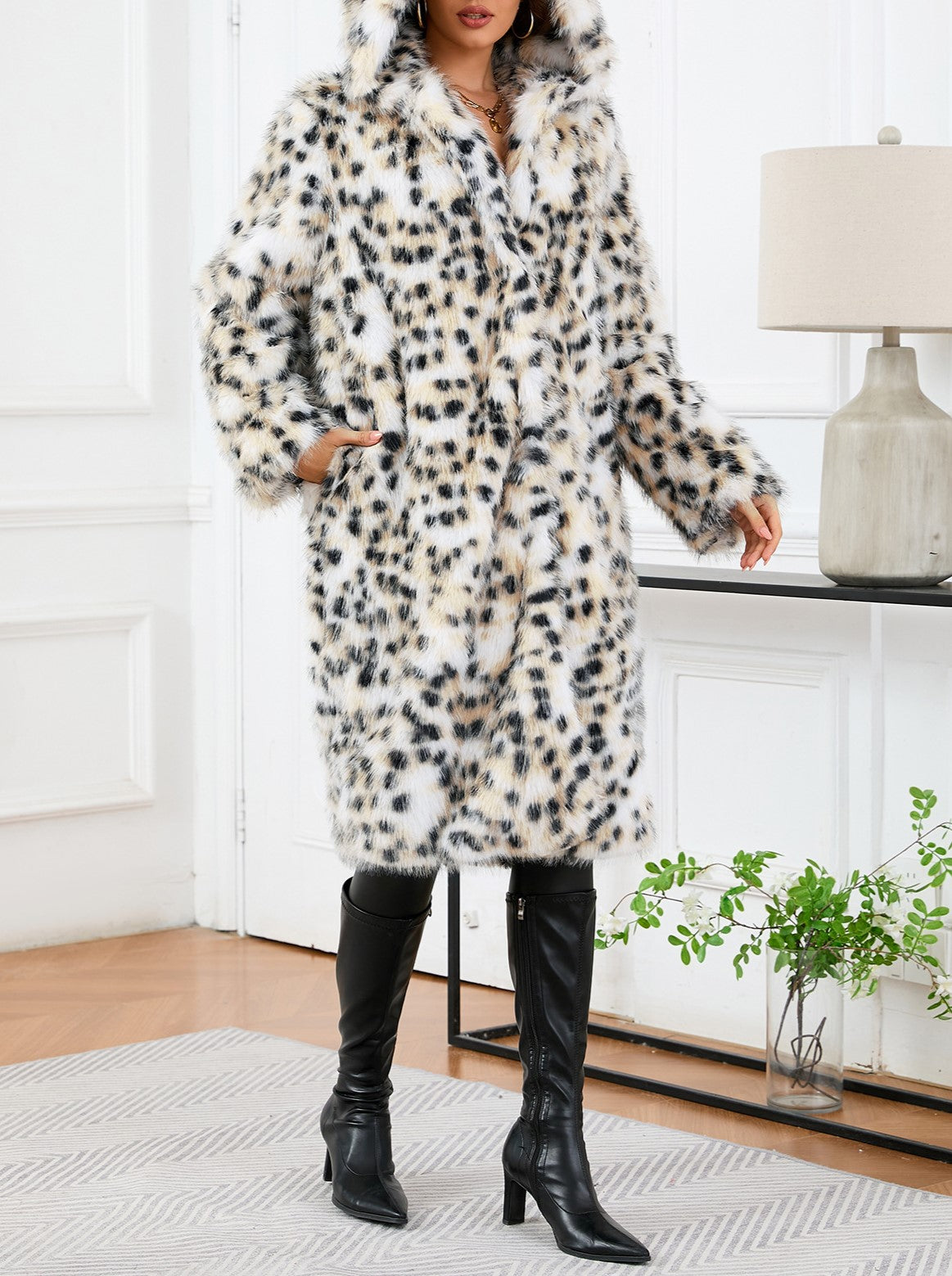 Spotted Faux Fur Hooded Longline Coat - White - 8