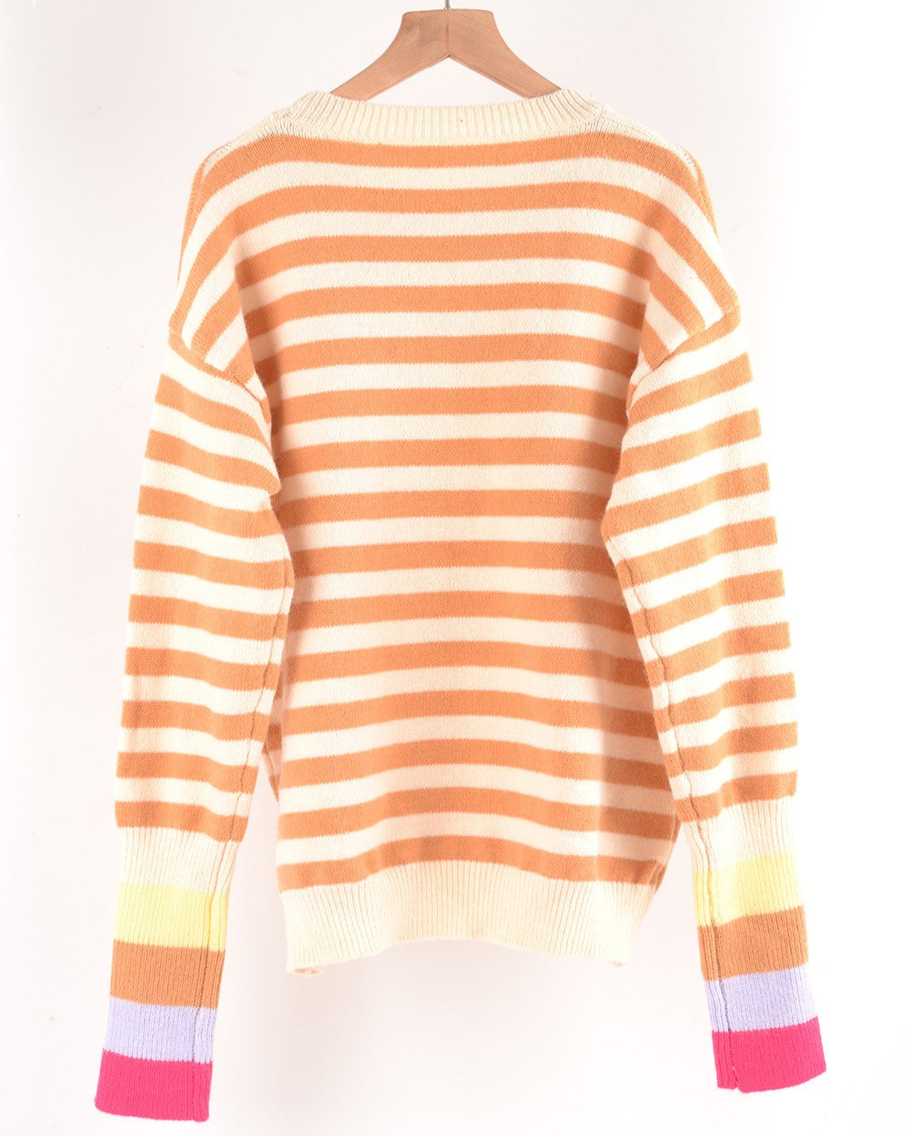 Striped Crewneck Sweater With Rainbow Cuffs - Apricot - 1
