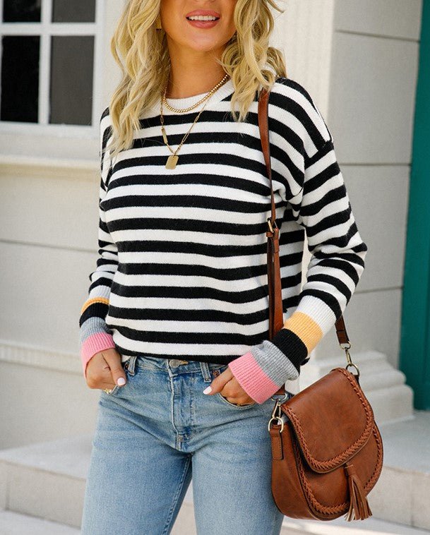 Striped Crewneck Sweater With Rainbow Cuffs - Black