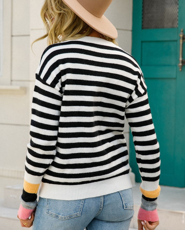 Striped Crewneck Sweater With Rainbow Cuffs - Black - 1