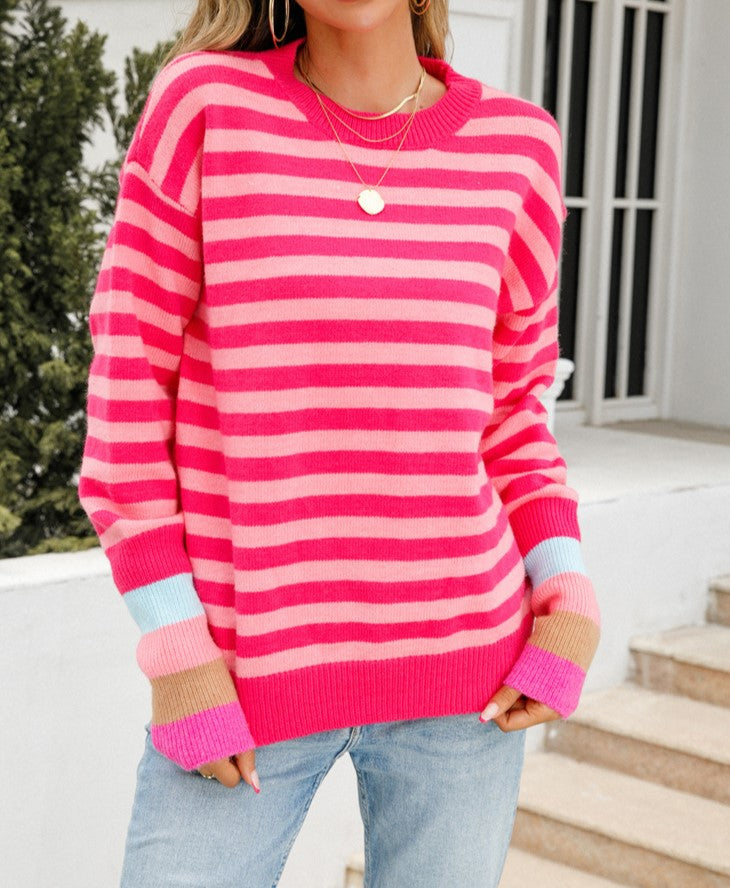 Striped Crewneck Sweater With Rainbow Cuffs - Rosered