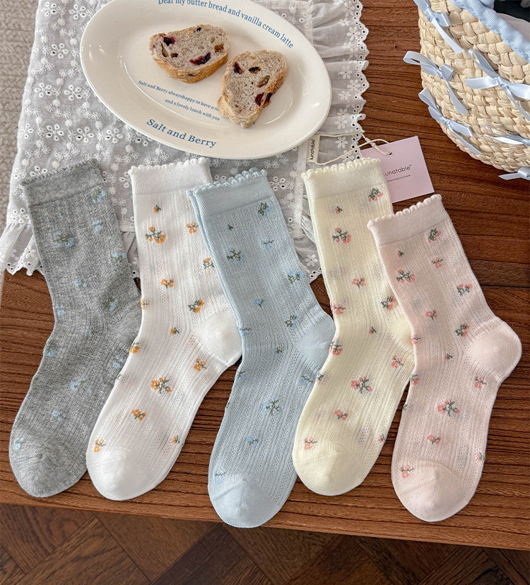 Sheer Knit Crew Socks With Woven Flowers - White