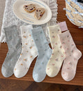 Sheer Knit Crew Socks With Woven Flowers - White
