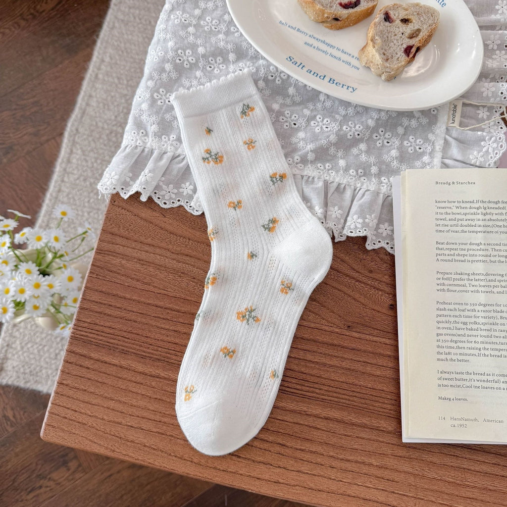 Sheer Knit Crew Socks With Woven Flowers - White - 1