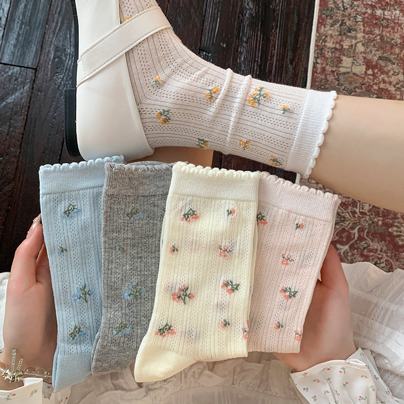 Sheer Knit Crew Socks With Woven Flowers - White - 2