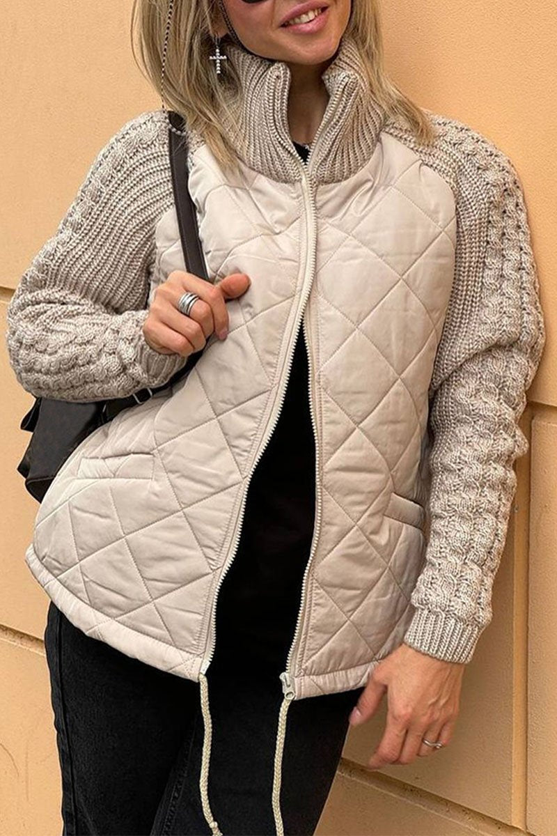 Quilted Jacket With Cable Knit Sleeves - Khaki