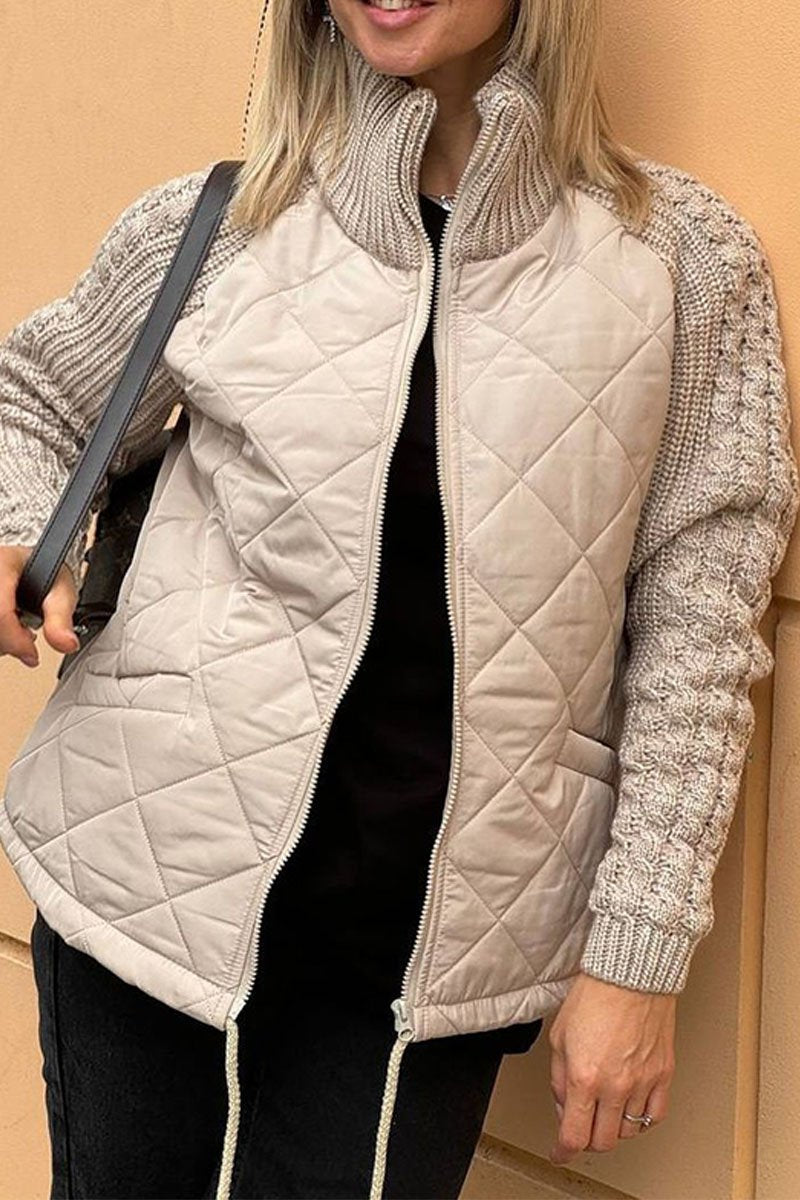 Quilted Jacket With Cable Knit Sleeves - Khaki - 1